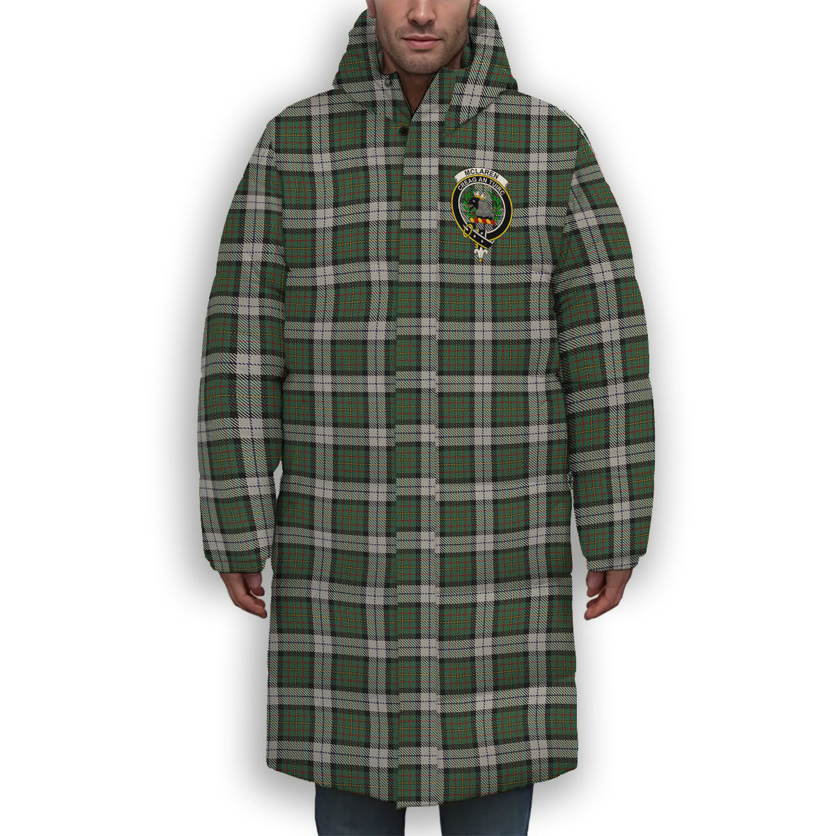 ScotsTee Shop Scottish McLaren Dress Crest Tartan Long Down Jacket Winter White Duck Down Plaid