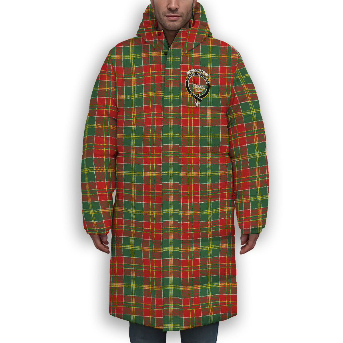 ScotsTee Shop Scottish McDonald of Kingsburgh Modern Crest Tartan Long Down Jacket Winter White Duck Down Plaid