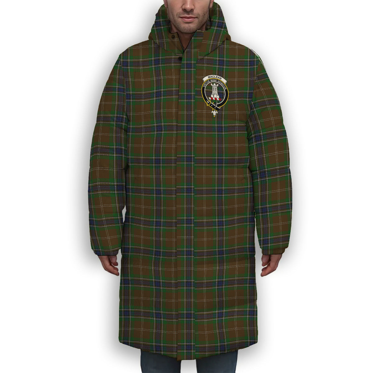 ScotsTee Shop Scottish MacLean of Kingairloch Crest Tartan Long Down Jacket Winter White Duck Down Plaid
