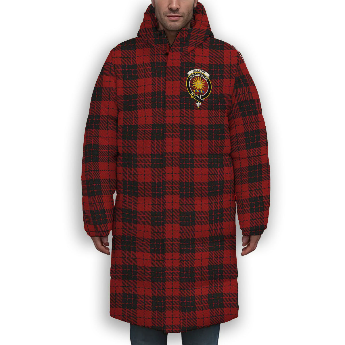 ScotsTee Shop Scottish McLeod of Raasay Crest Tartan Long Down Jacket Winter White Duck Down Plaid