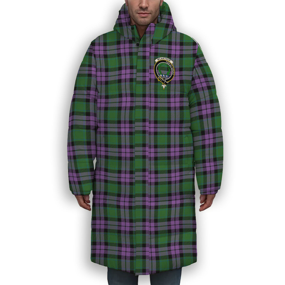 ScotsTee Shop Scottish McArthur of Milton Ancient Crest Tartan Long Down Jacket Winter White Duck Down Plaid
