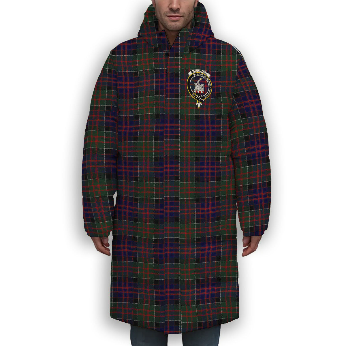 ScotsTee Shop Scottish McDonald of Clan Ranald Crest Tartan Long Down Jacket Winter White Duck Down Plaid