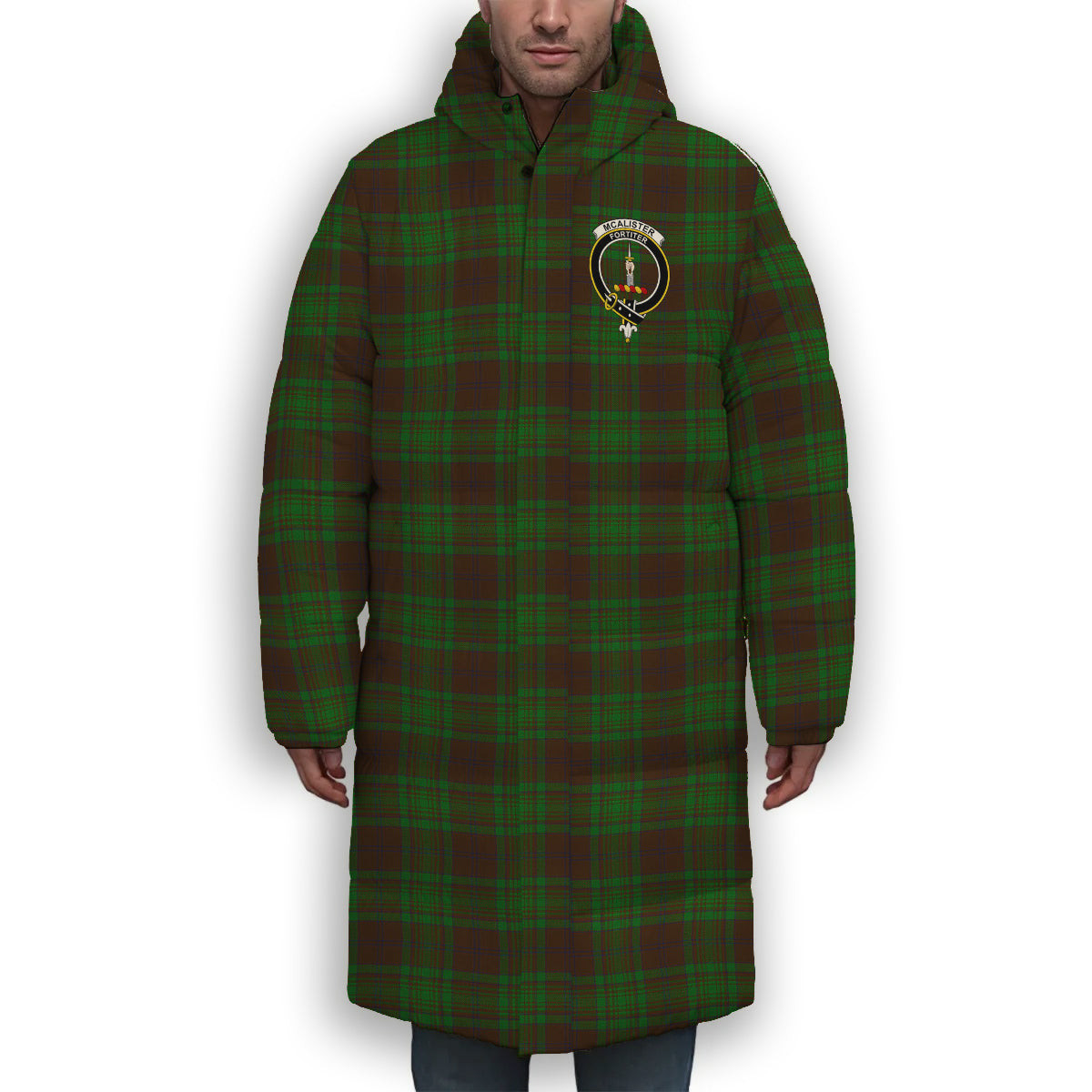 ScotsTee Shop Scottish McAlister of Glenbarr Hunting Crest Tartan Long Down Jacket Winter White Duck Down Plaid