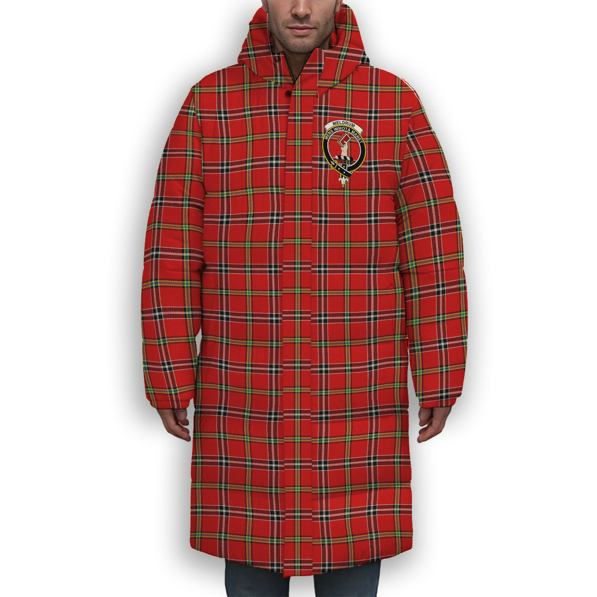ScotsTee Shop Scottish Meldrum Dress Modern Crest Tartan Long Down Jacket Winter White Duck Down Plaid