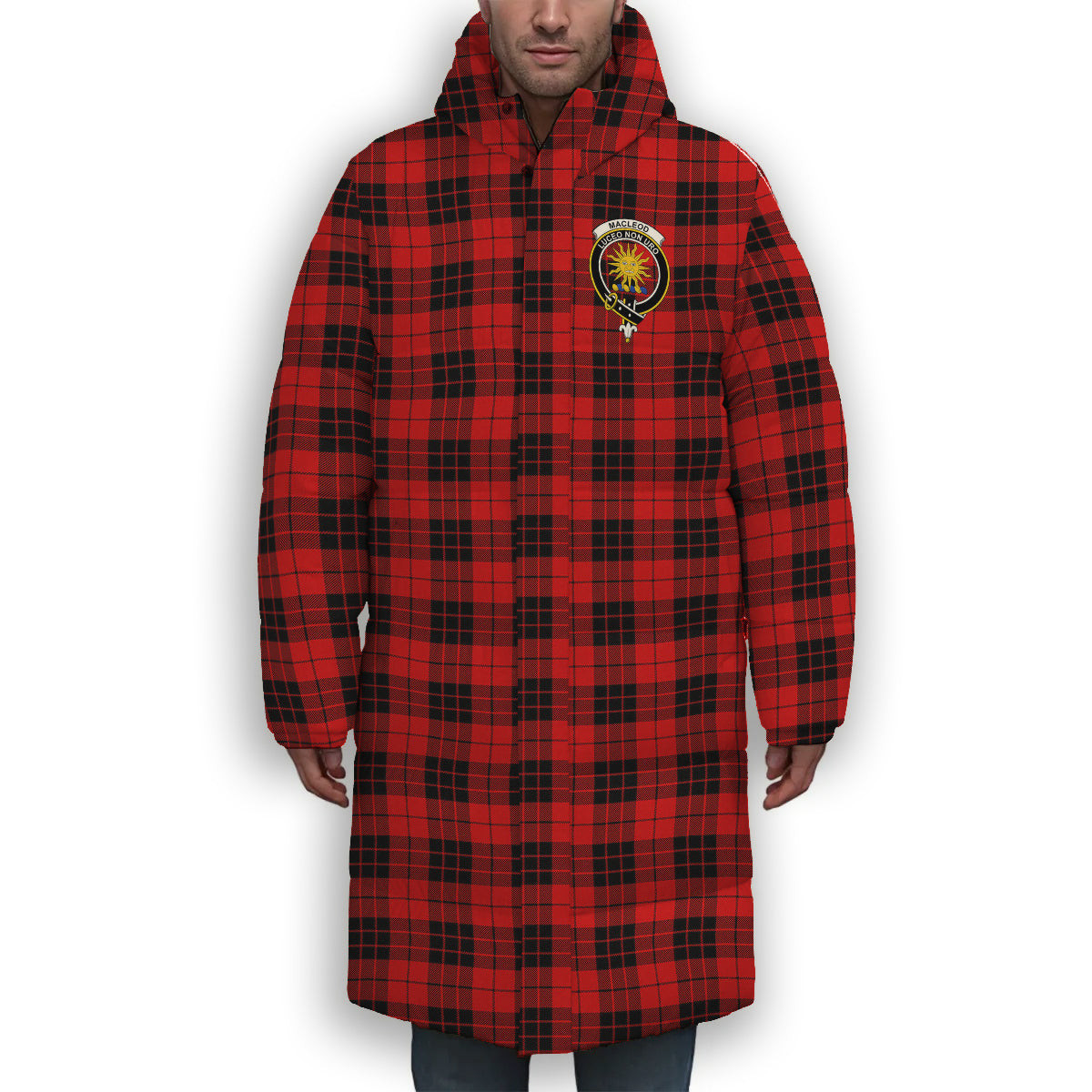 ScotsTee Shop Scottish MacLeod of Raasay Modern Crest Tartan Long Down Jacket Winter White Duck Down Plaid