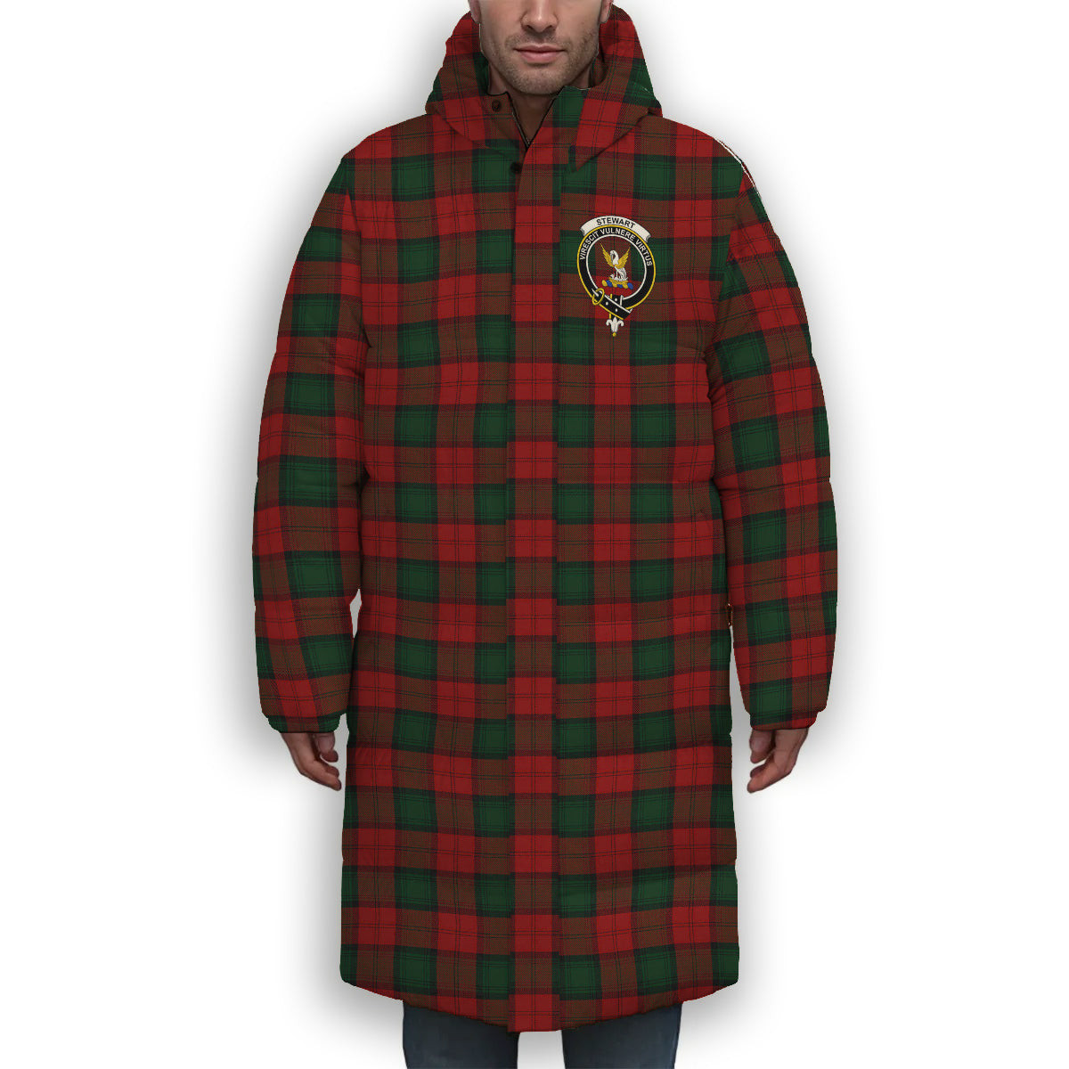 ScotsTee Shop Scottish Stewart of Atholl Crest Tartan Long Down Jacket Winter White Duck Down Plaid