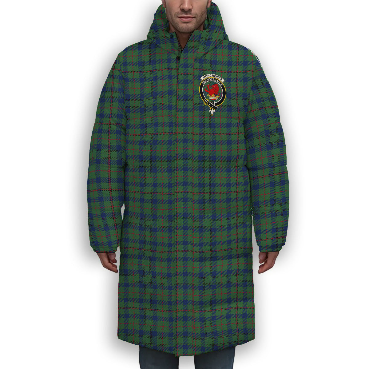 ScotsTee Shop Scottish Moncreiffe of Atholl Modern Crest Tartan Long Down Jacket Winter White Duck Down Plaid