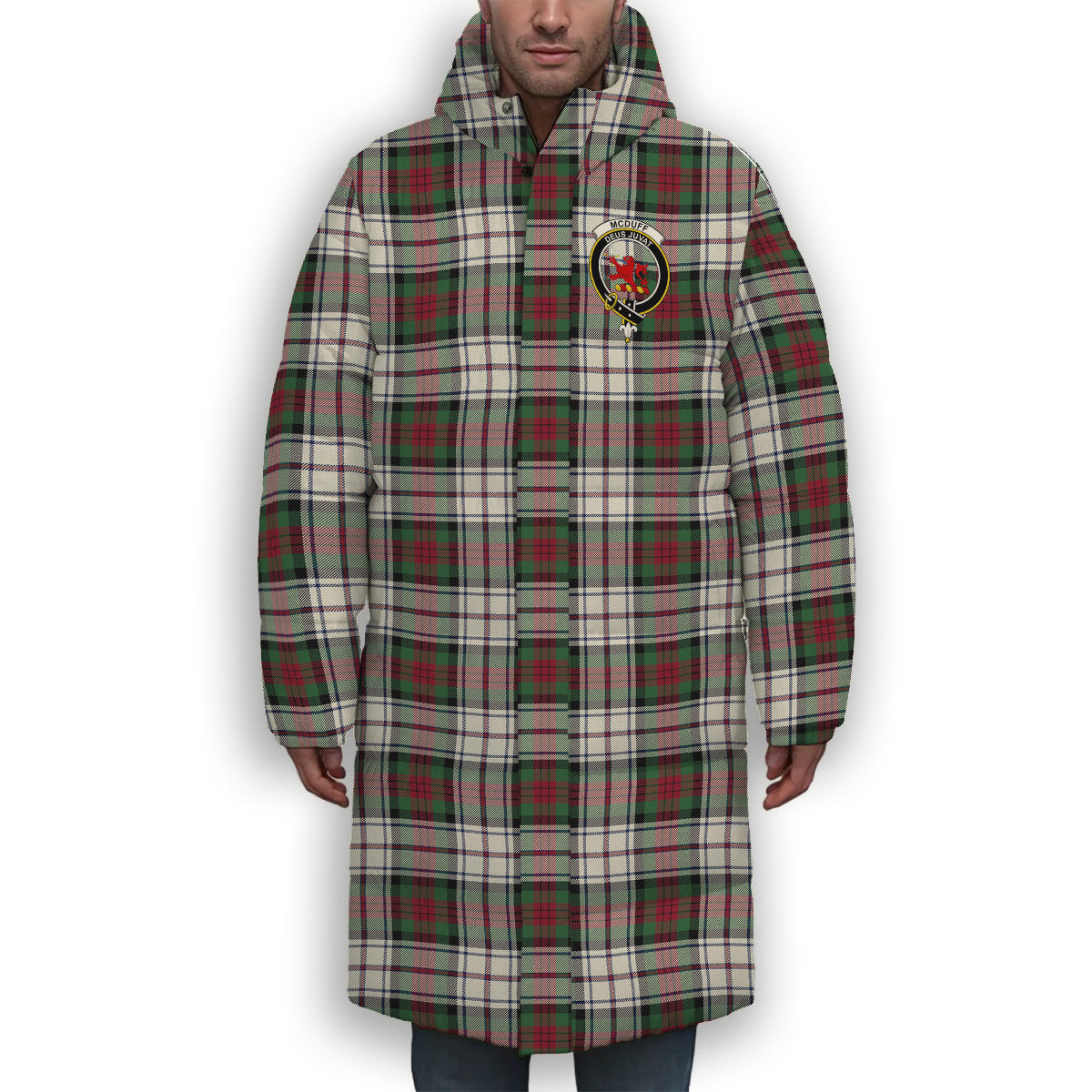 ScotsTee Shop Scottish McDuff Dress Modern Crest Tartan Long Down Jacket Winter White Duck Down Plaid