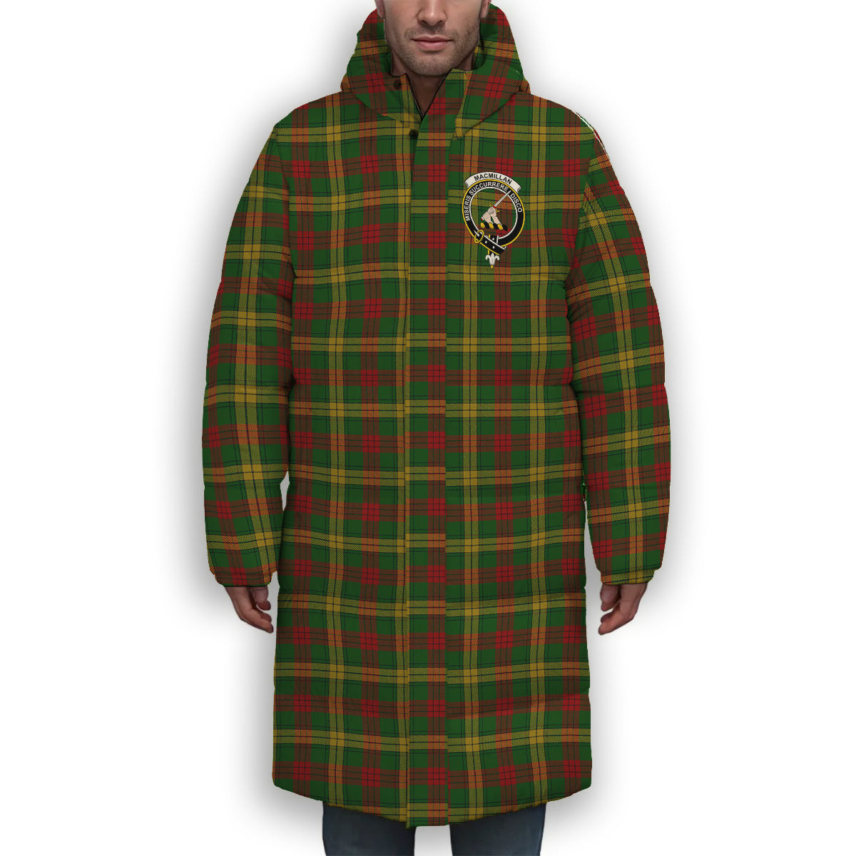 ScotsTee Shop Scottish MacMillan Society of Glasgow Crest Tartan Long Down Jacket Winter White Duck Down Plaid