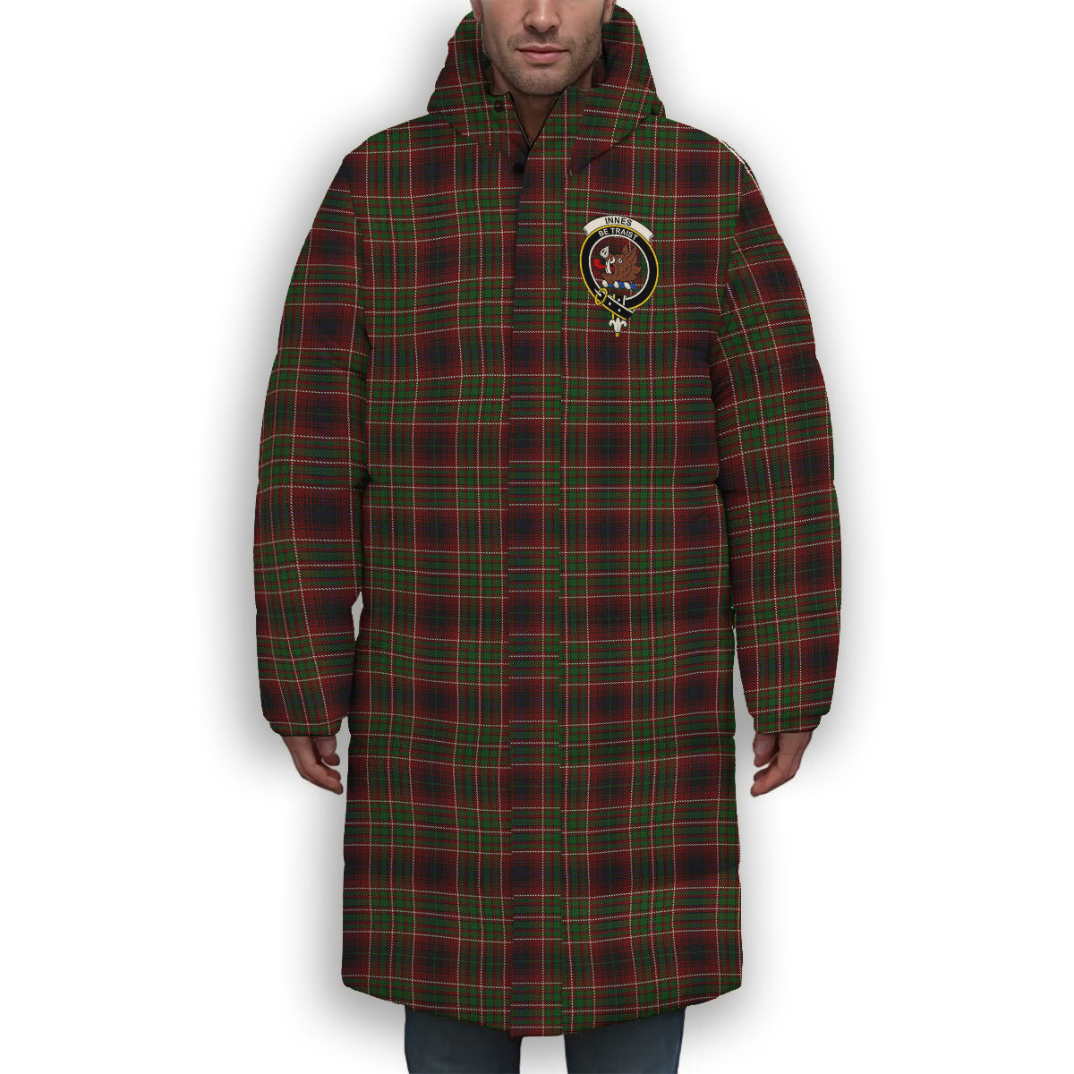 ScotsTee Shop Scottish Innes of Cowie Crest Tartan Long Down Jacket Winter White Duck Down Plaid
