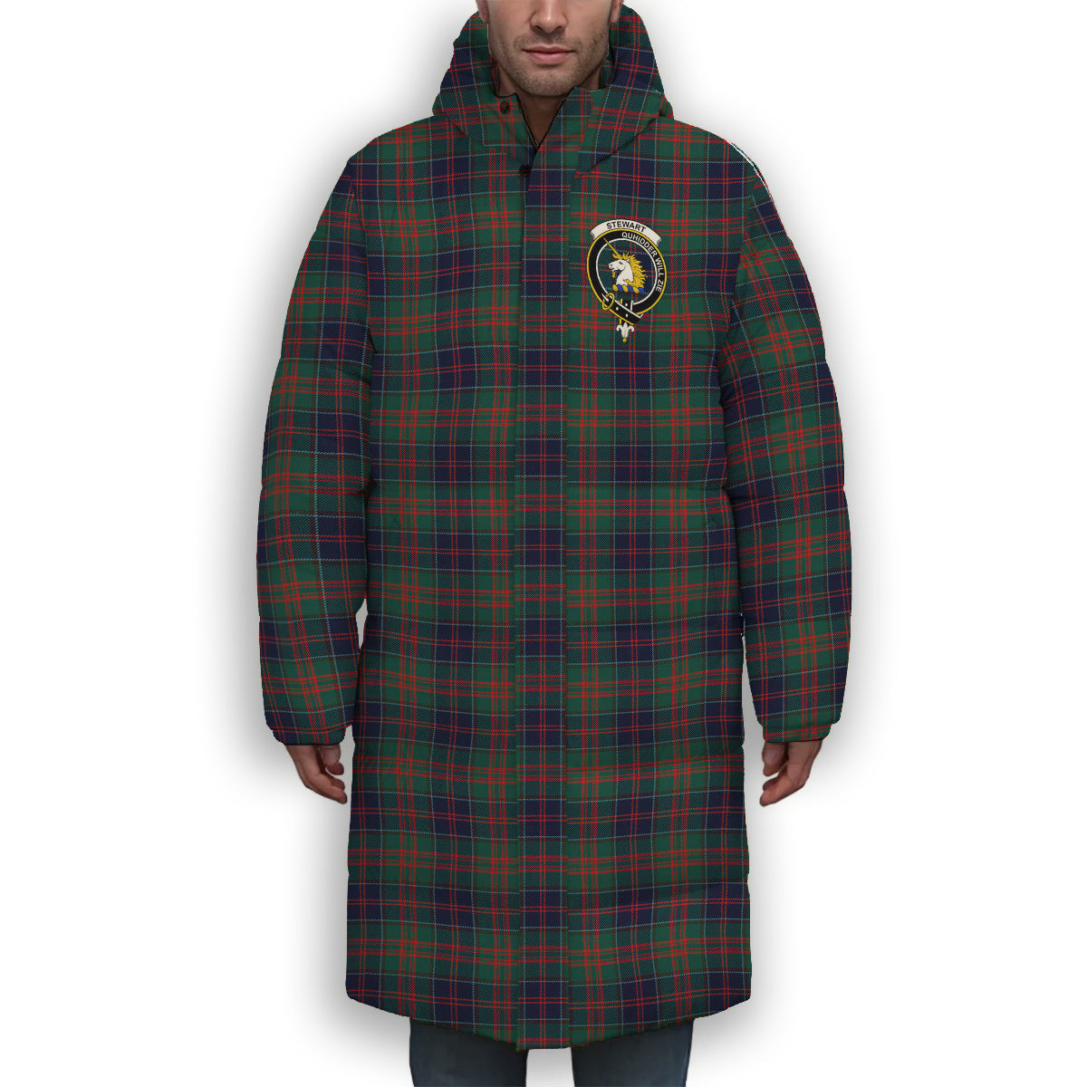 ScotsTee Shop Scottish Stewart of Appin Hunting Modern Clan Crest Tartan Long Down Jacket Winter White Duck Down Plaid