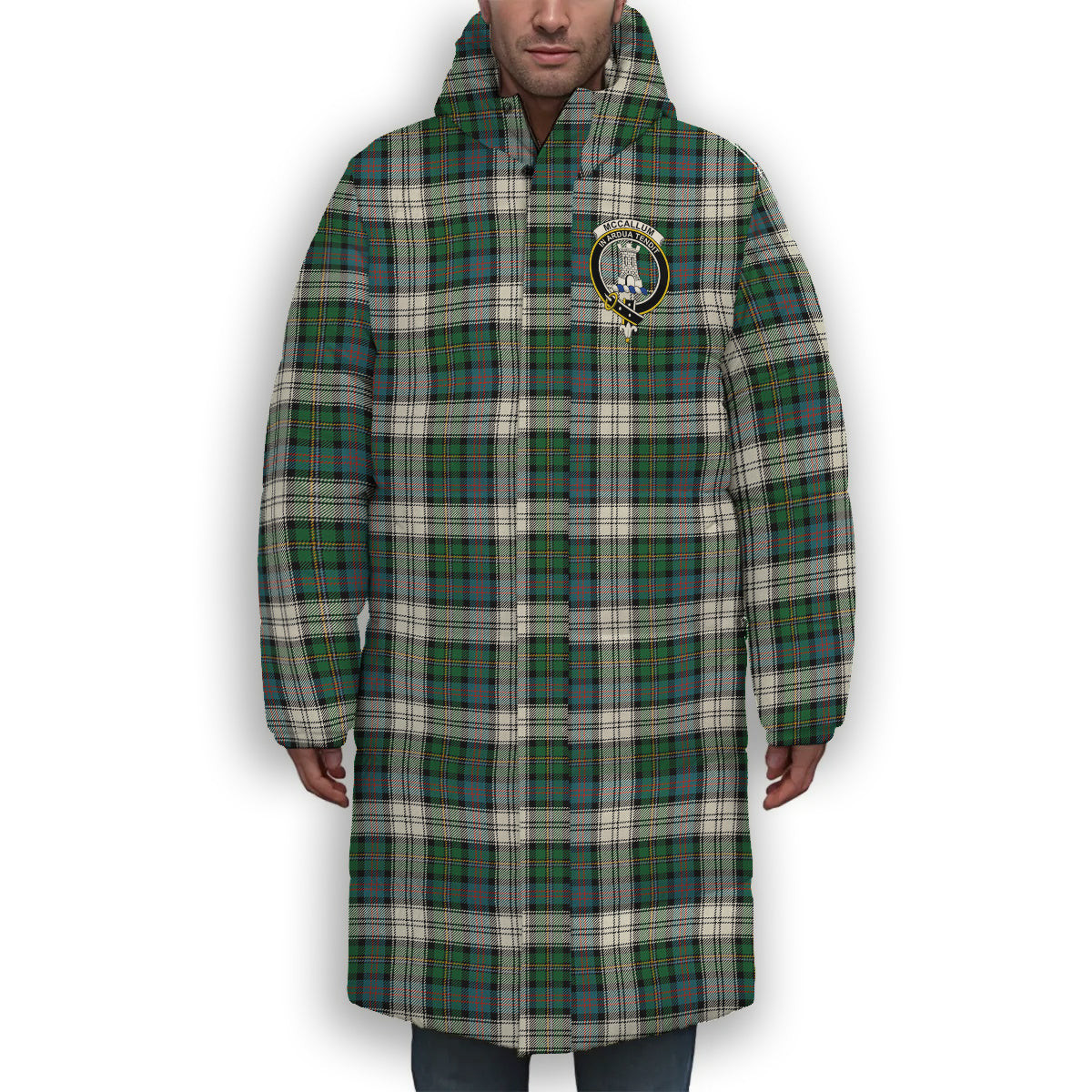 ScotsTee Shop Scottish McCallum Dress Ancient Crest Tartan Long Down Jacket Winter White Duck Down Plaid