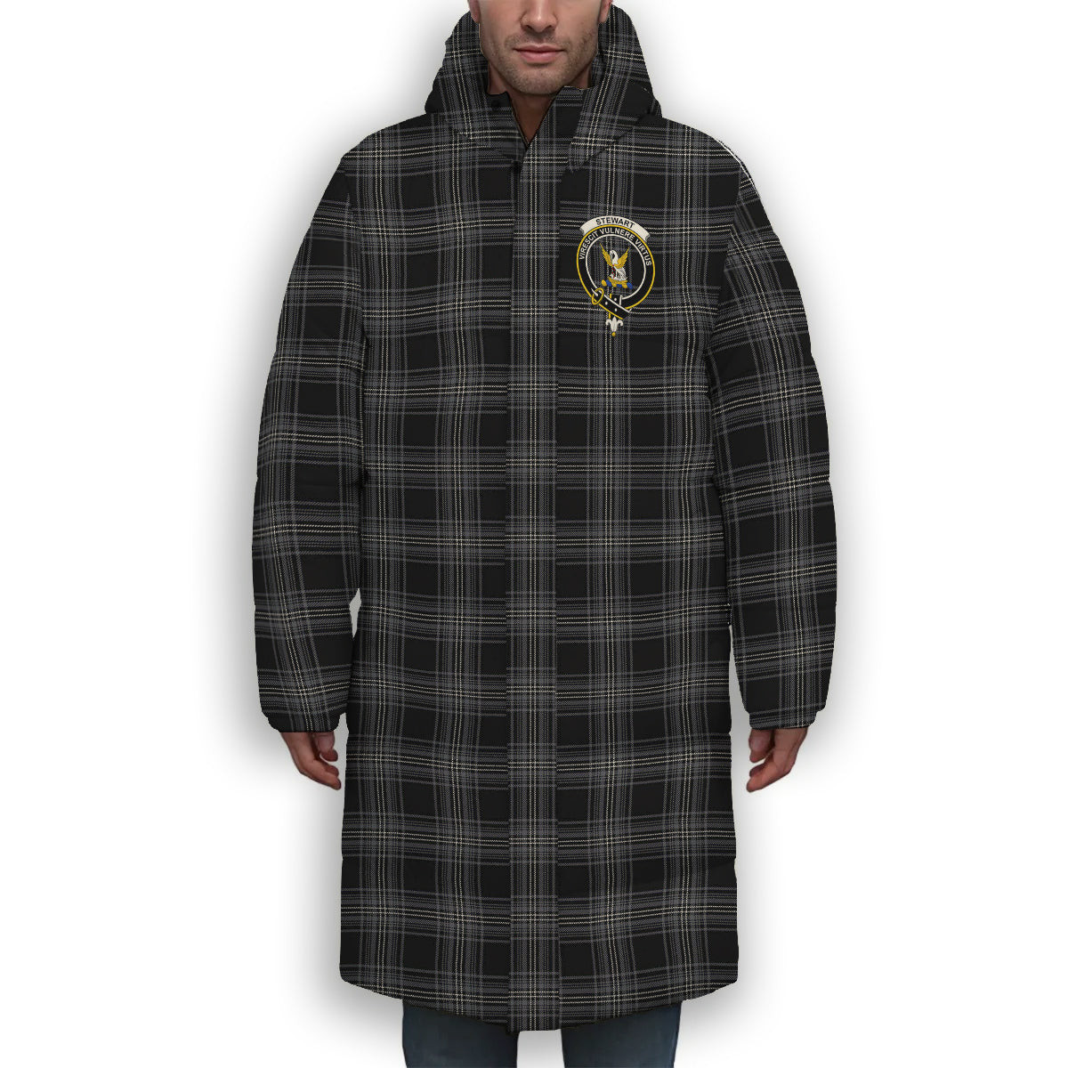 ScotsTee Shop Scottish Stewart Mourning Originaux Modern Clan Crest Tartan Long Down Jacket Winter White Duck Down Plaid