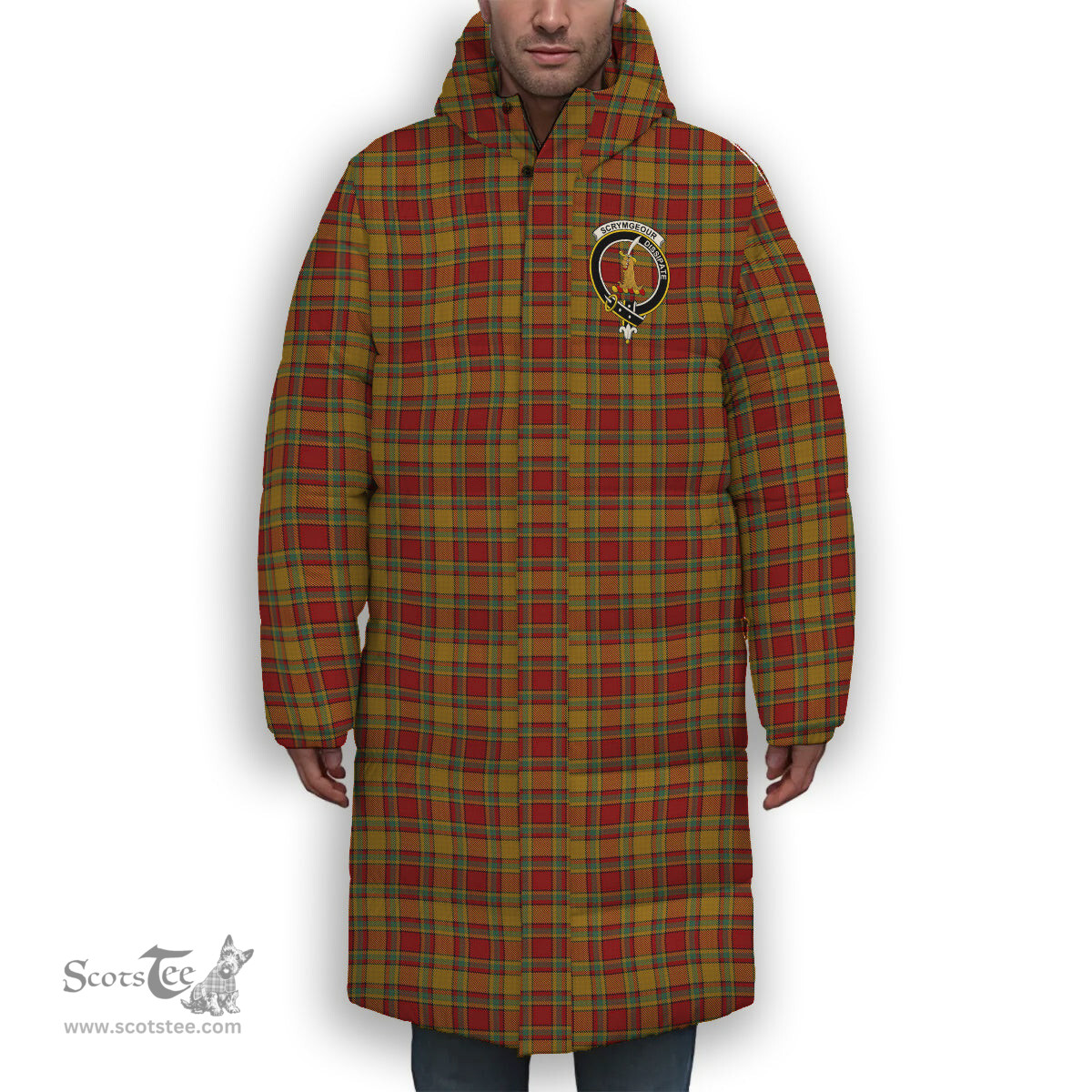 ScotsTee Shop Scottish Scrimgeour of Glassary Crest Tartan Long Down Jacket Winter White Duck Down Plaid