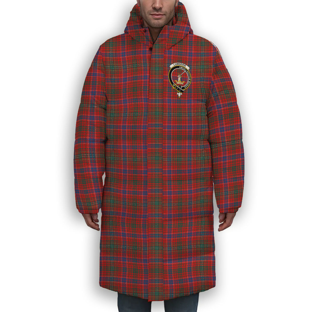ScotsTee Shop Scottish Lumsden Waistcoat Modern Crest Tartan Long Down Jacket Winter White Duck Down Plaid