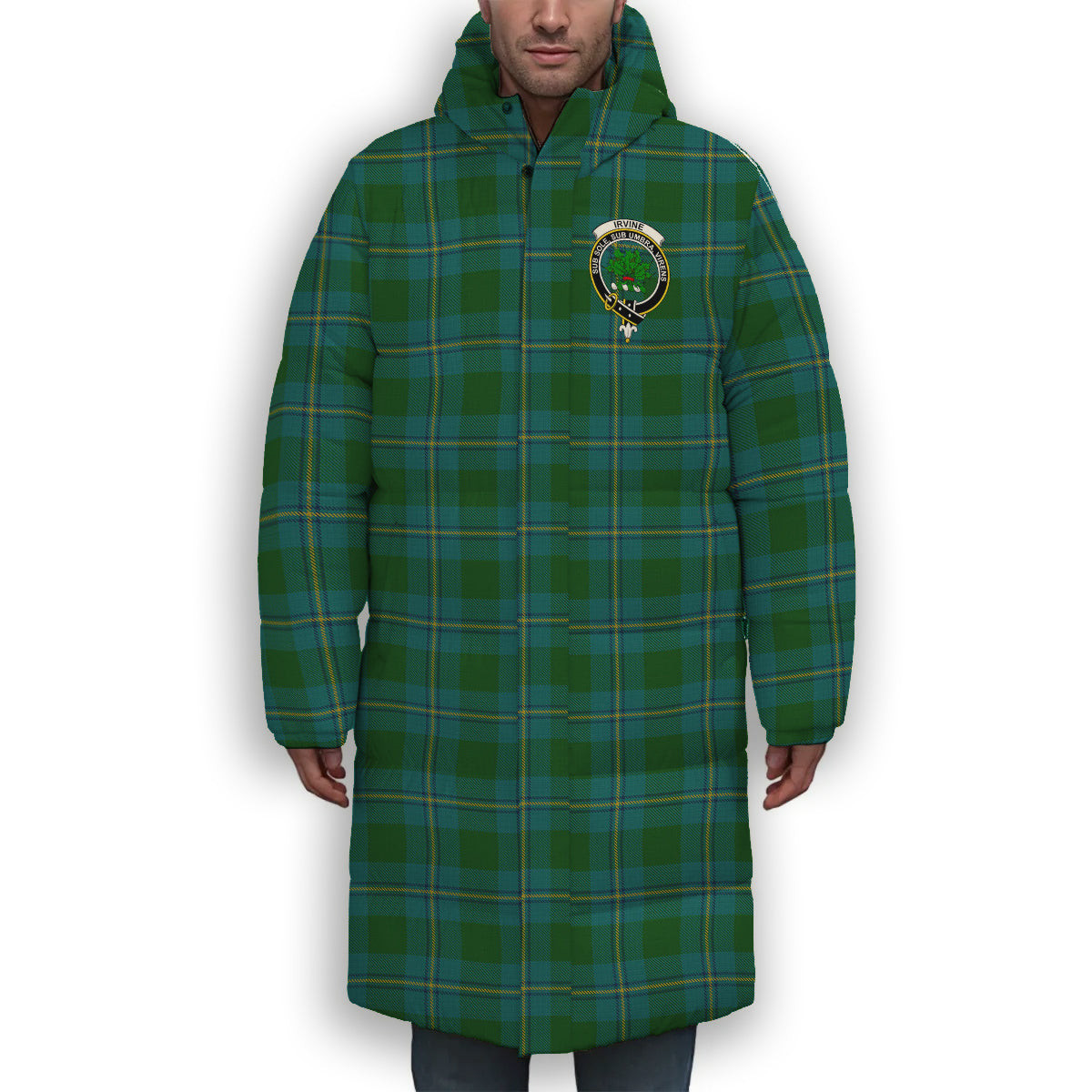 ScotsTee Shop Scottish Irvine of Bonshaw Crest Tartan Long Down Jacket Winter White Duck Down Plaid