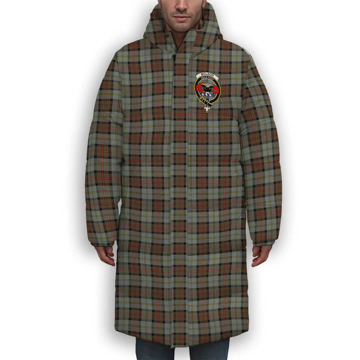 ScotsTee Shop Scottish McLeod of Harris Weathered Crest Tartan Long Down Jacket Winter White Duck Down Plaid