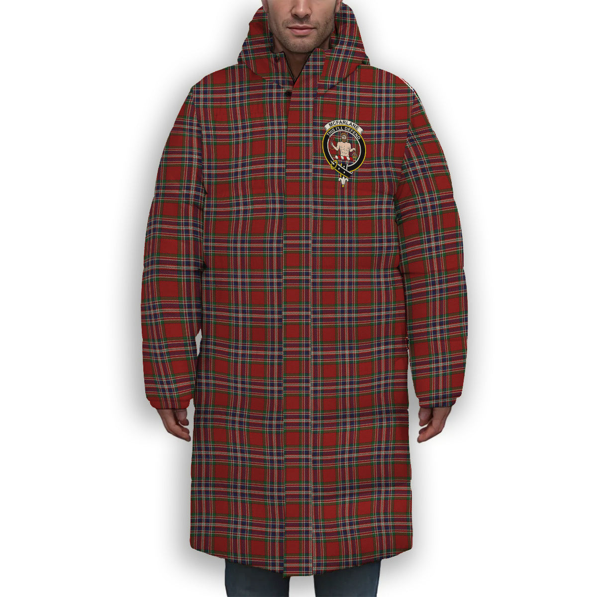 ScotsTee Shop Scottish McFarlane Red Crest Tartan Long Down Jacket Winter White Duck Down Plaid