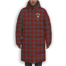 ScotsTee Shop Scottish McFarlane Red Crest Tartan Long Down Jacket Winter White Duck Down Plaid