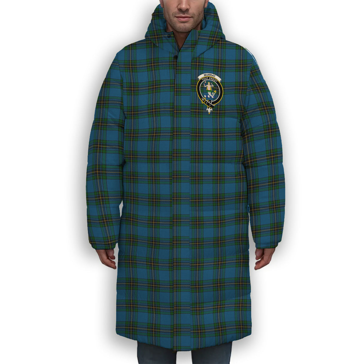 ScotsTee Shop Scottish Murray of Elibank Crest Tartan Long Down Jacket Winter White Duck Down Plaid