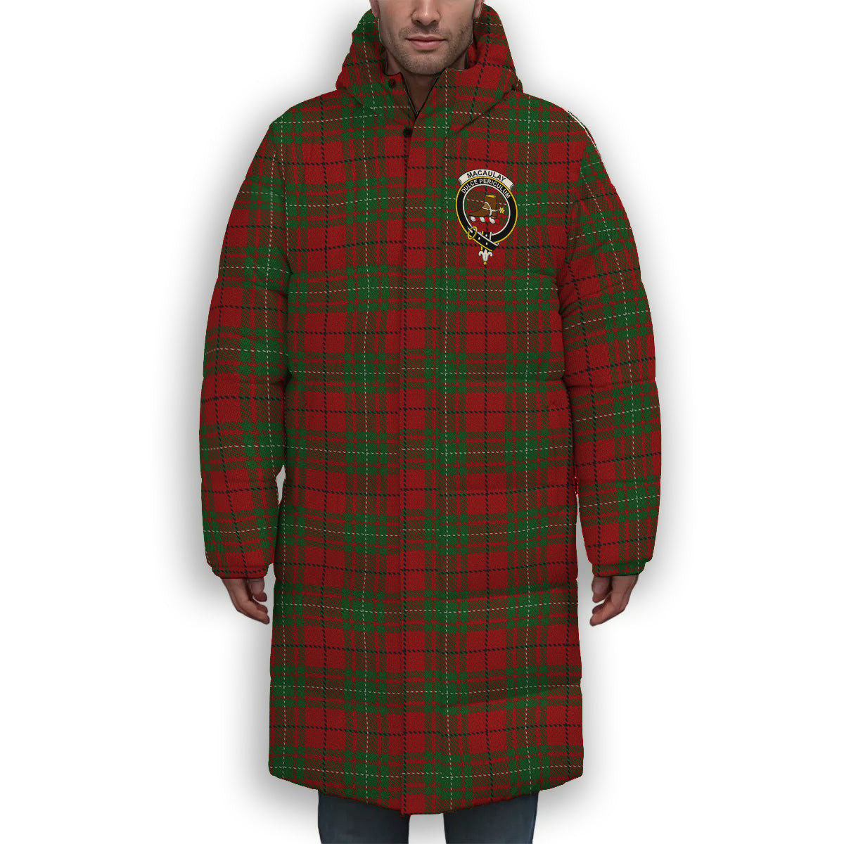 ScotsTee Shop Scottish MacAulay Crest Tartan Long Down Jacket Winter White Duck Down Plaid
