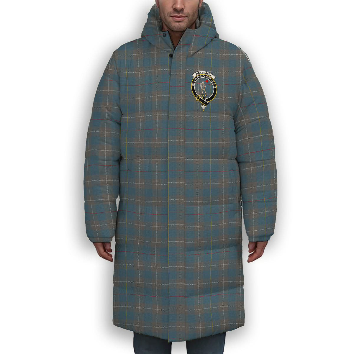 ScotsTee Shop Scottish McKerrell of Hillhouse Dress Crest Tartan Long Down Jacket Winter White Duck Down Plaid