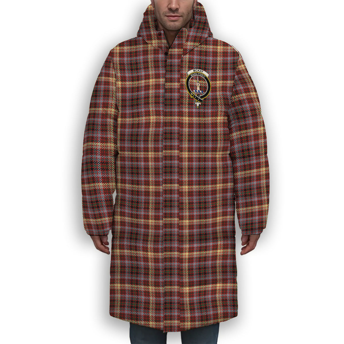 ScotsTee Shop Scottish McKay of Strathnaver Modern Crest Tartan Long Down Jacket Winter White Duck Down Plaid