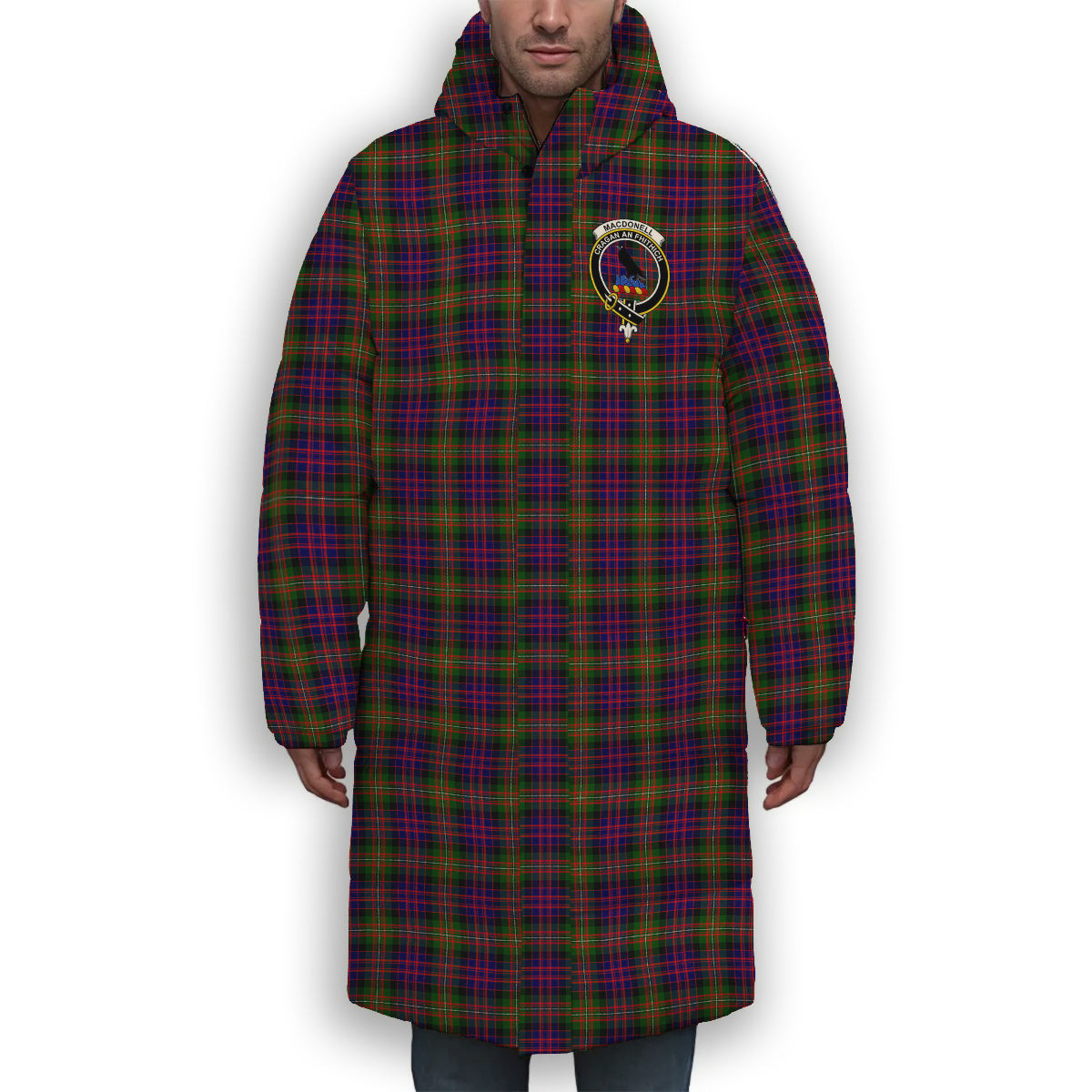ScotsTee Shop Scottish MacDonell Of Glengarry Modern Crest Tartan Long Down Jacket Winter White Duck Down Plaid