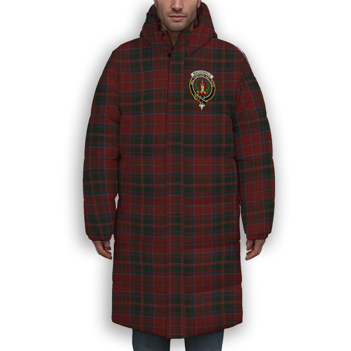ScotsTee Shop Scottish MacDonald of Glencoe Crest Tartan Long Down Jacket Winter White Duck Down Plaid