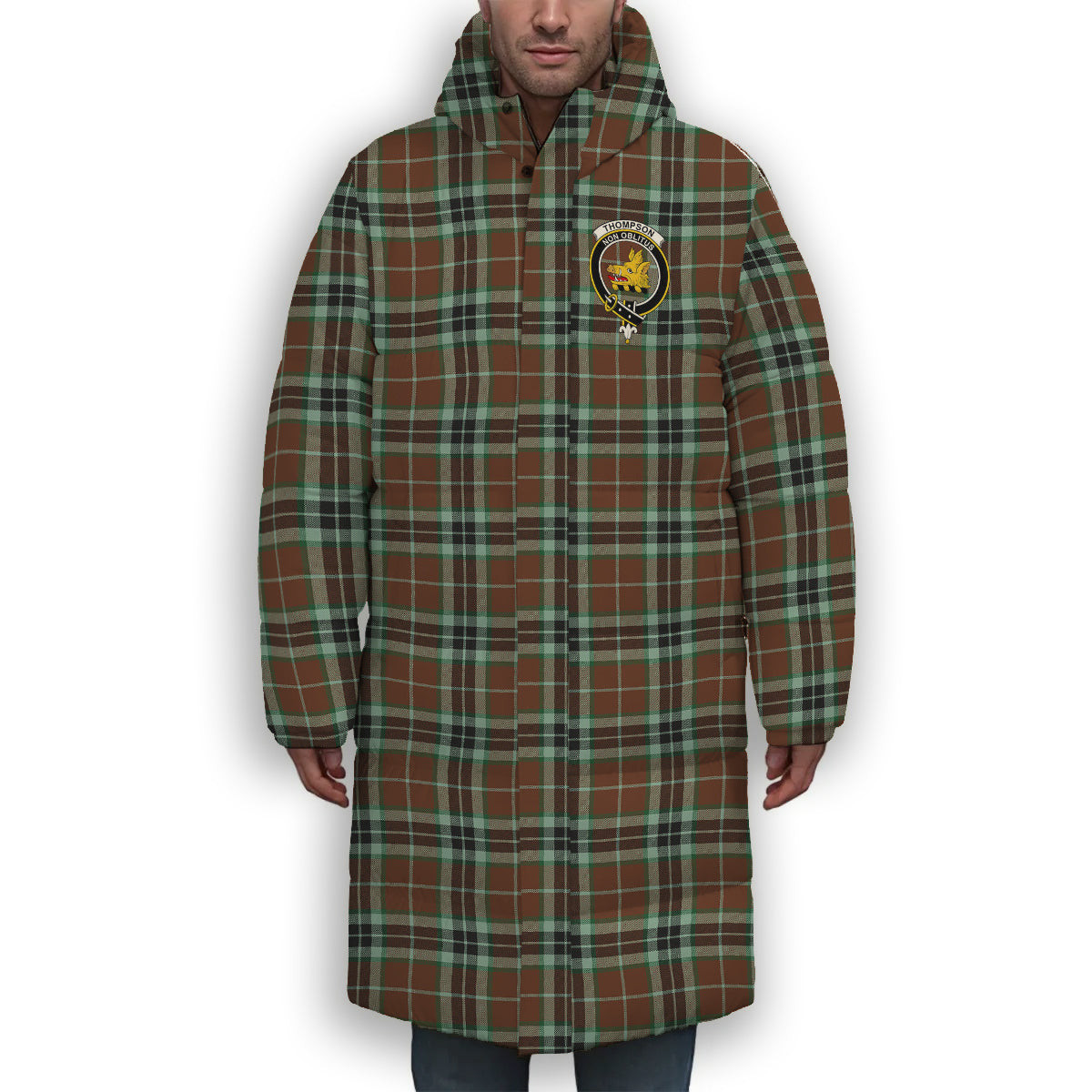 ScotsTee Shop Scottish Thompson Society Hunting Modern Crest Tartan Long Down Jacket Winter White Duck Down Plaid