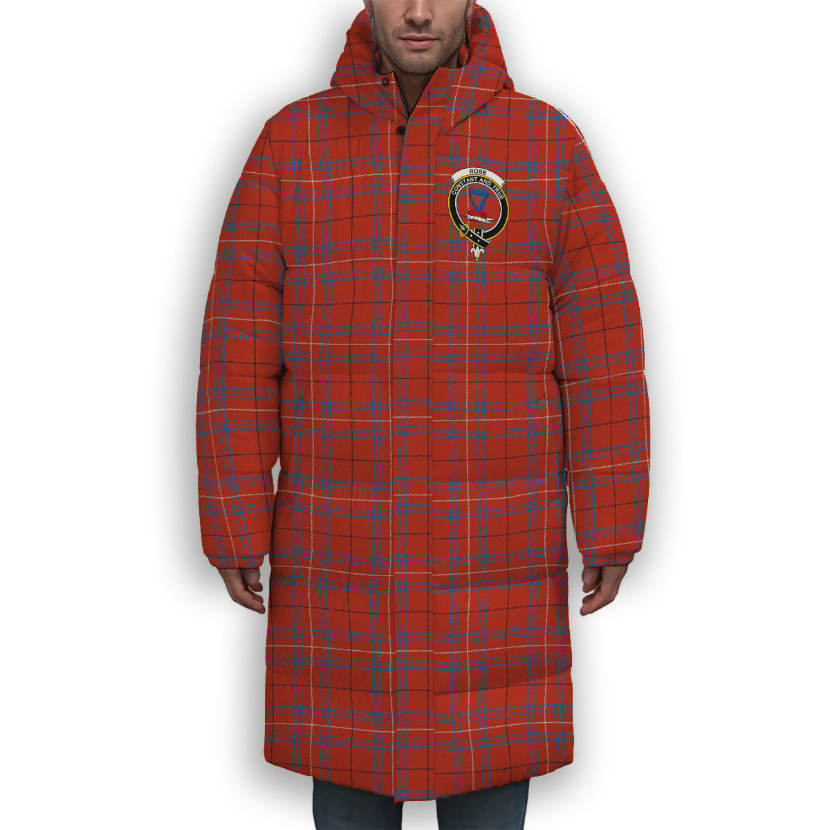 ScotsTee Shop Scottish Rose of Kilravock Ancient Crest Tartan Long Down Jacket Winter White Duck Down Plaid