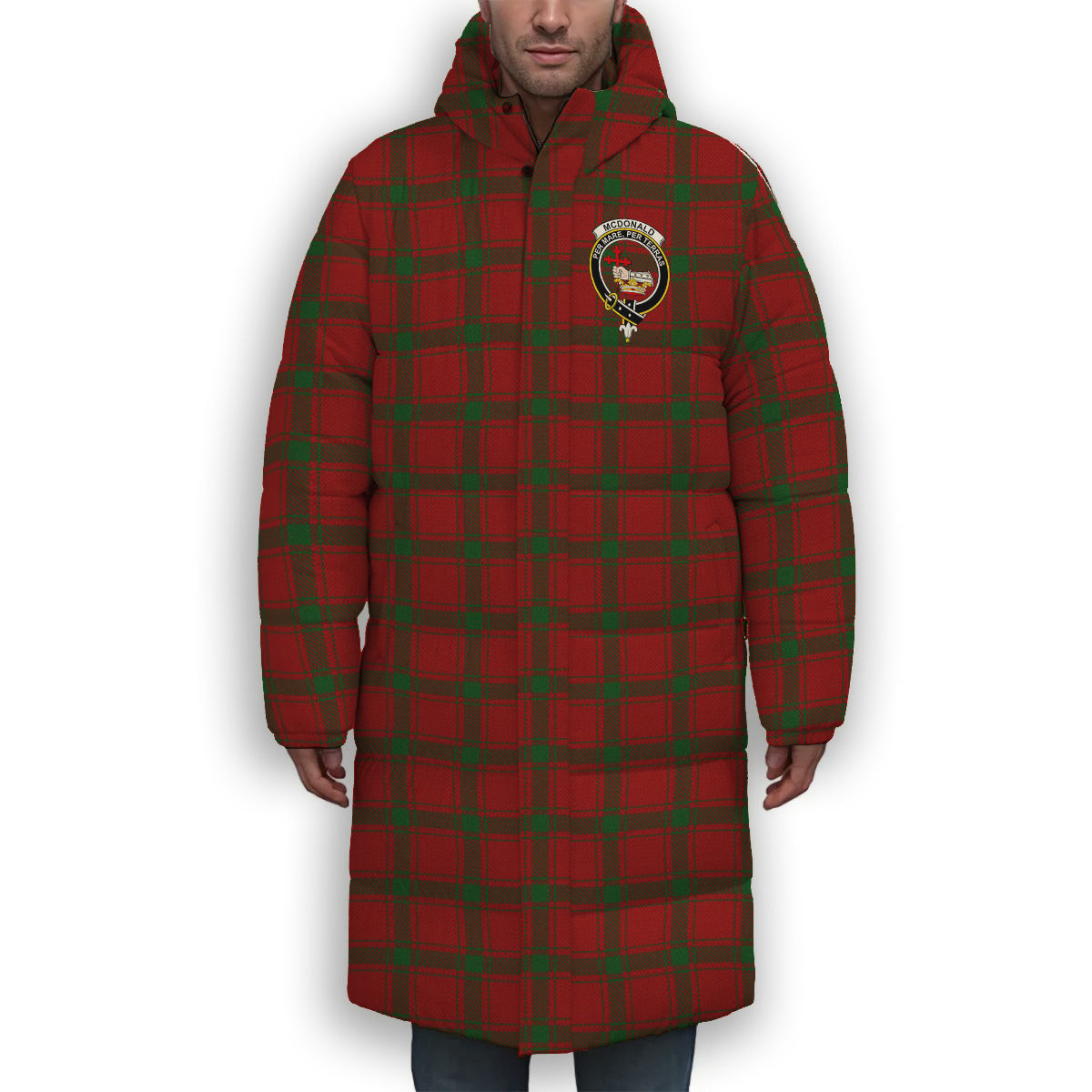 ScotsTee Shop Scottish McDonald of Sleat Crest Tartan Long Down Jacket Winter White Duck Down Plaid