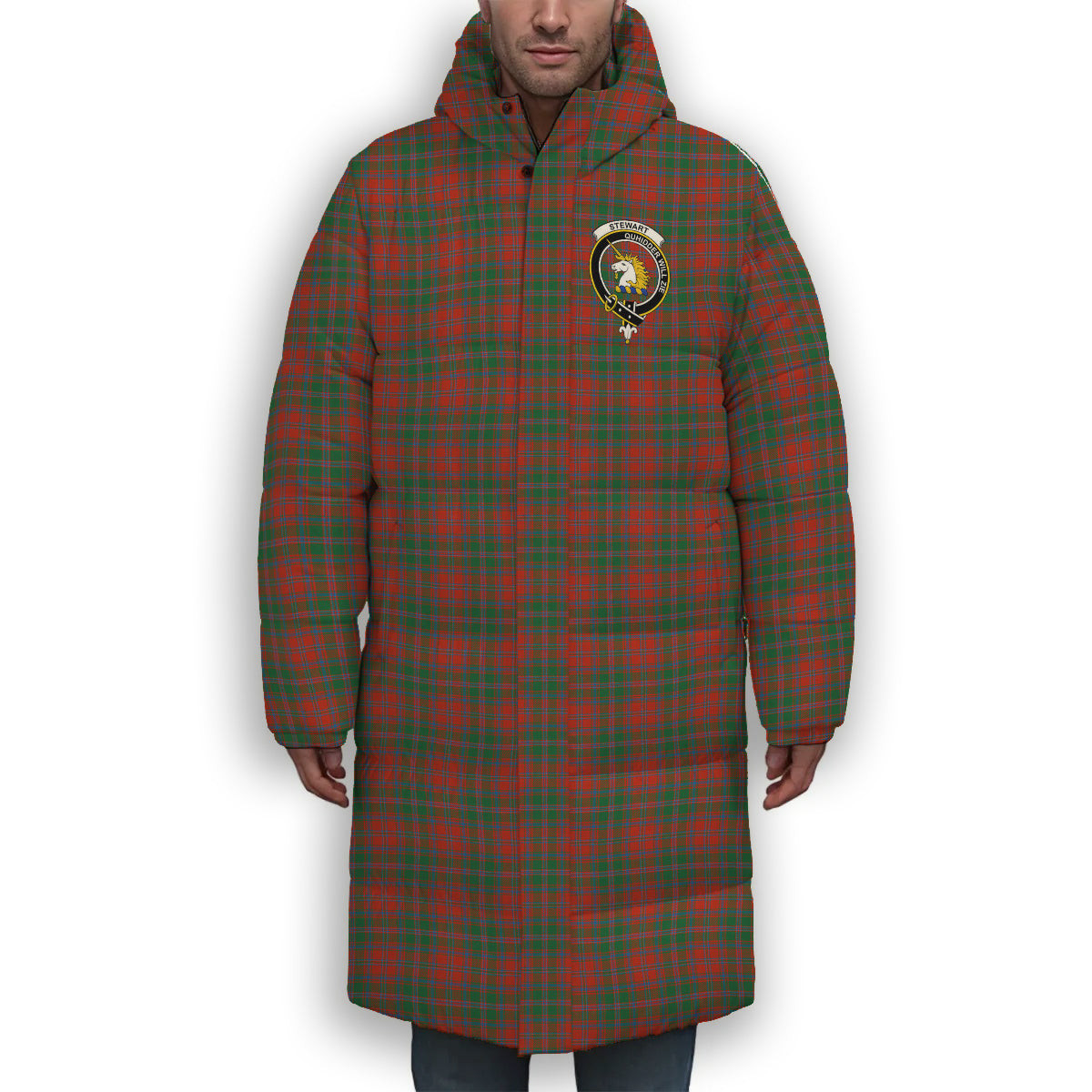 ScotsTee Shop Scottish Stewart of Appin Ancient Clan Crest Tartan Long Down Jacket Winter White Duck Down Plaid
