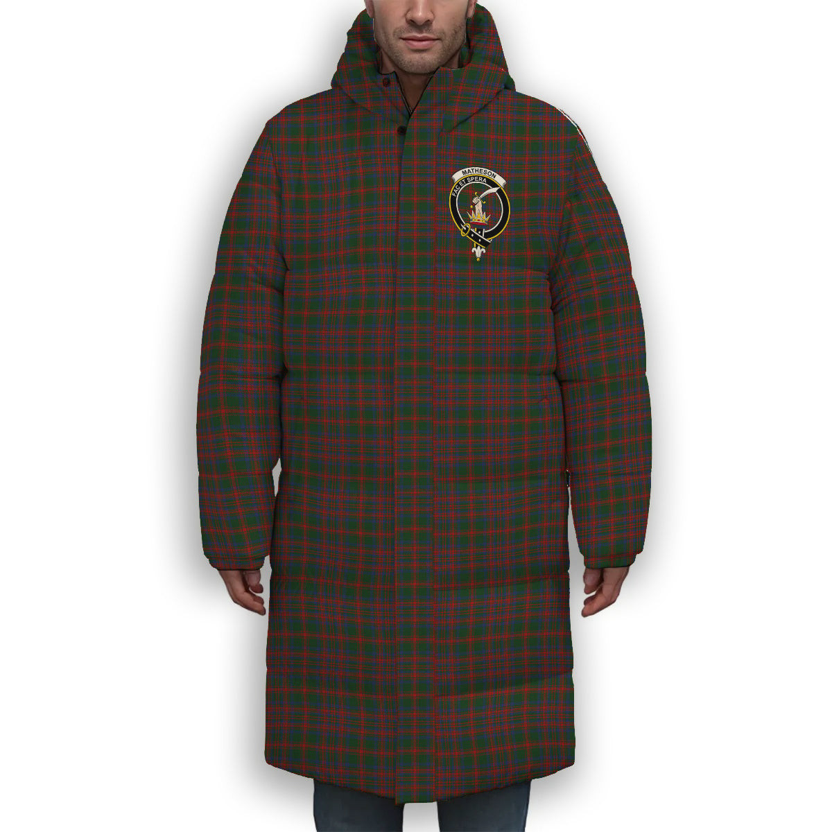 ScotsTee Shop Scottish Matheson Hunting STS incomplete sett Crest Tartan Long Down Jacket Winter White Duck Down Plaid