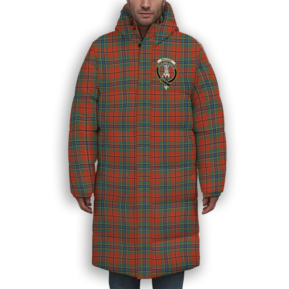 ScotsTee Shop Scottish MacLean of Duart Ancient Crest Tartan Long Down Jacket Winter White Duck Down Plaid