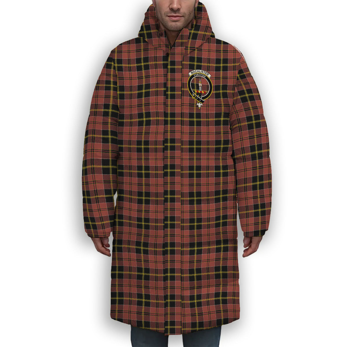 ScotsTee Shop Scottish MacAlister of Skye Ancient Crest Tartan Long Down Jacket Winter White Duck Down Plaid