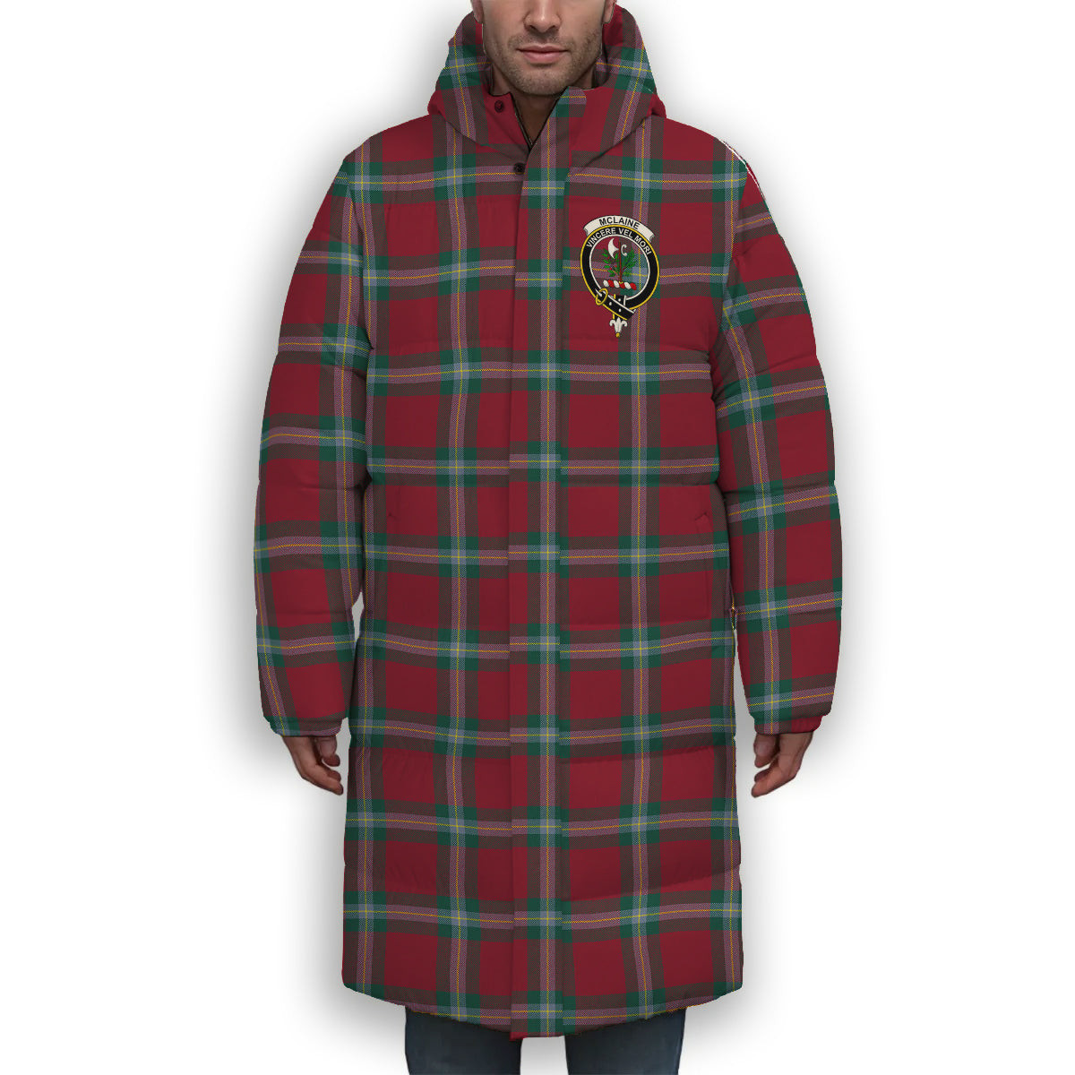 ScotsTee Shop Scottish McLaine of Loch Buie Modern Crest Tartan Long Down Jacket Winter White Duck Down Plaid