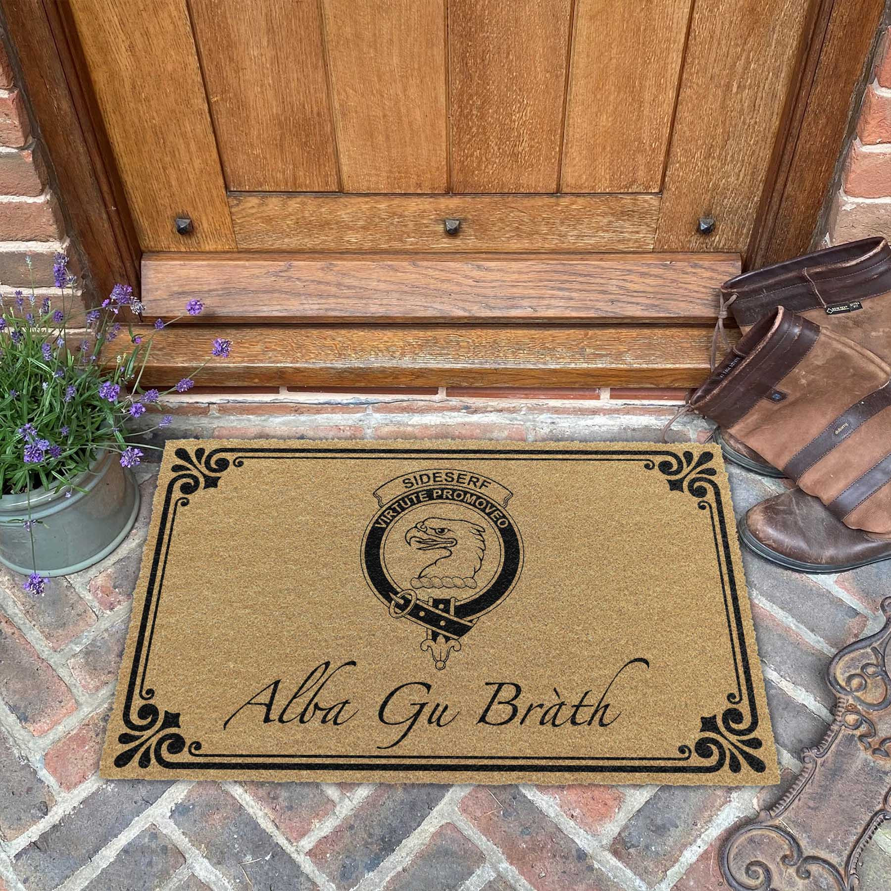 ScotsTee Shop Scottish Sideserf Clan Crest Scotland Forever Alba Gu Brath Coir Doormat