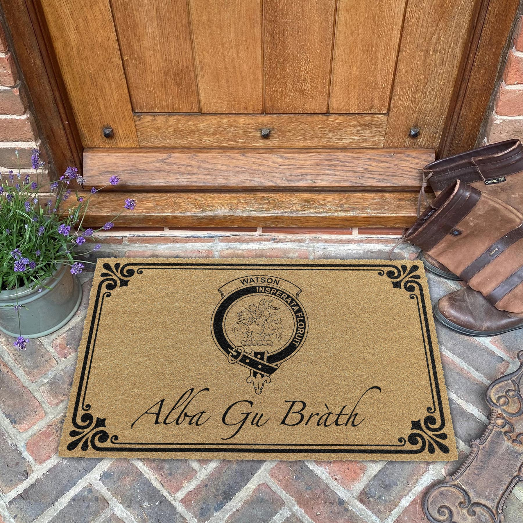ScotsTee Shop Scottish Watson Clan Crest Scotland Forever Alba Gu Brath Coir Doormat