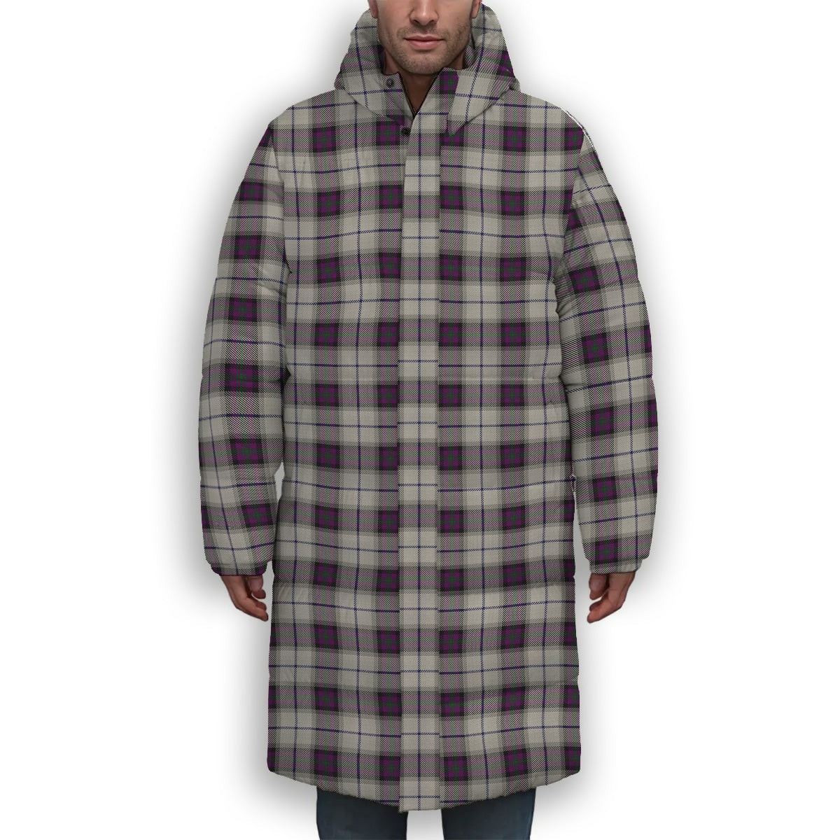 ScotsTee Shop Scottish Alexander of Menstry Dress Premium Tartan Long Down Jacket Winter White Duck Down Plaid