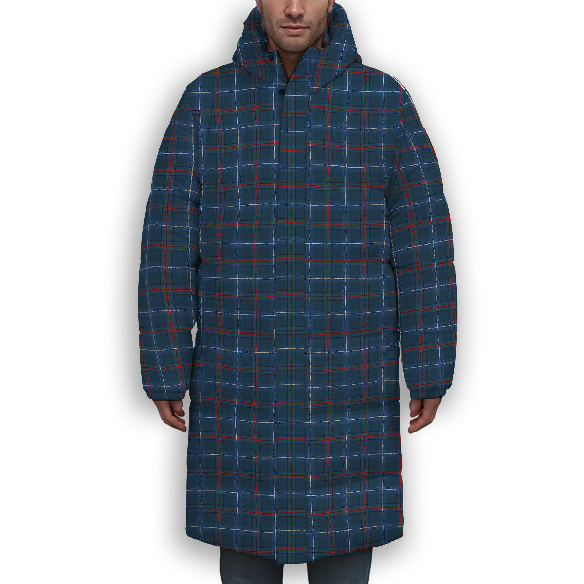 ScotsTee Shop Scottish American National Modern Premium Tartan Long Down Jacket Winter White Duck Down Plaid