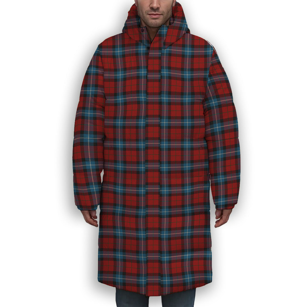 ScotsTee Shop Scottish Baillie of Polkemmet Red Premium Tartan Long Down Jacket Winter White Duck Down Plaid