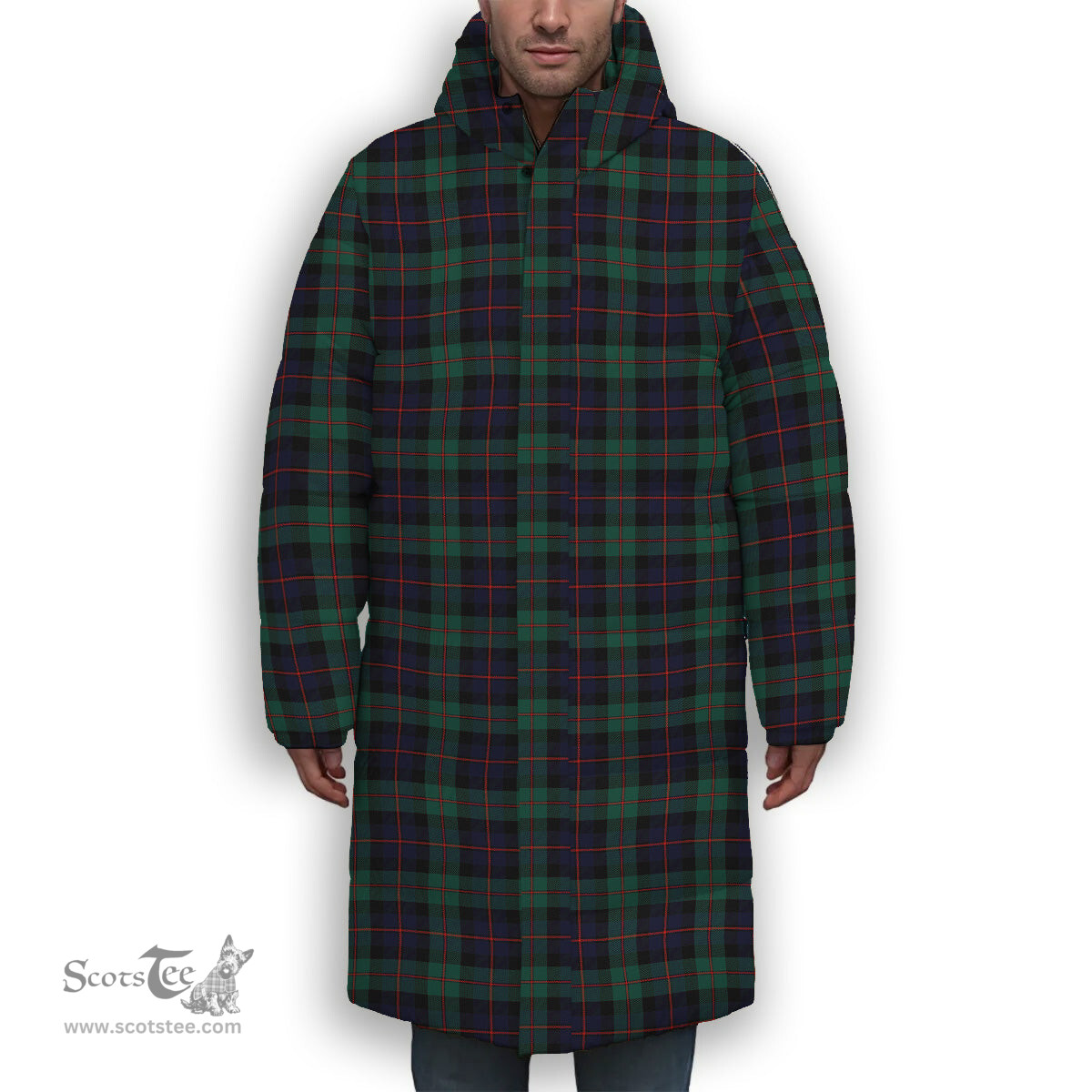 ScotsTee Shop Scottish Black Watch Coarse Kilt Modern Premium Tartan Long Down Jacket Winter White Duck Down Plaid