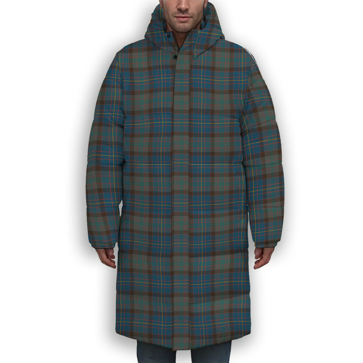 ScotsTee Shop Scottish Cochrane Hunting Modern Premium Tartan Long Down Jacket Winter White Duck Down Plaid