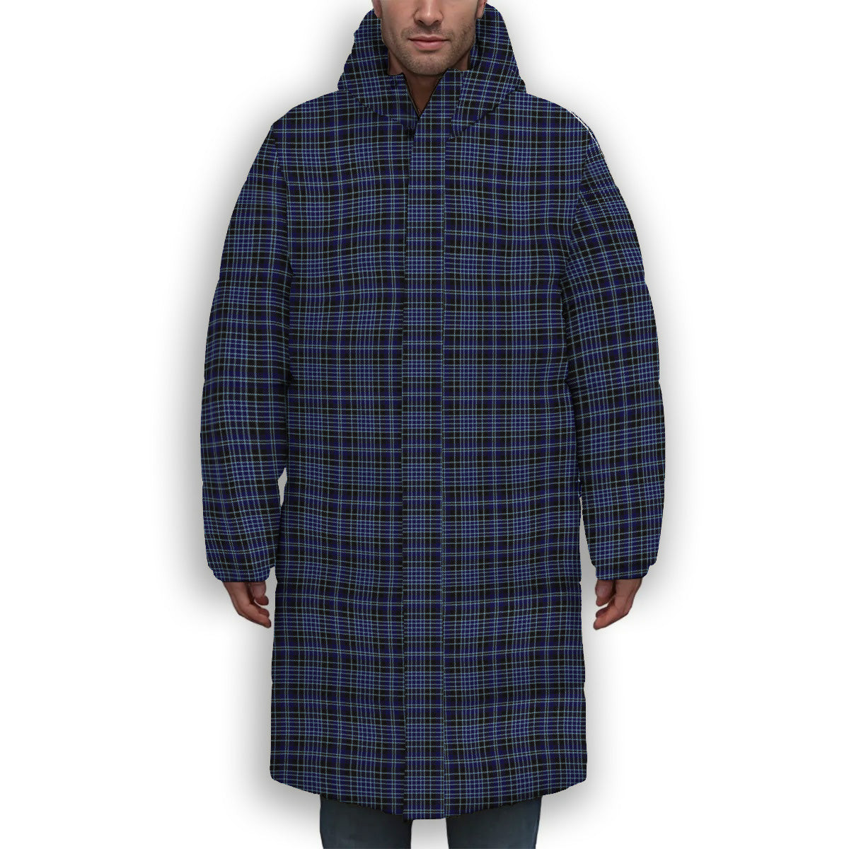 ScotsTee Shop Scottish Clergy Clark Light Blue lines 1 Premium Tartan Long Down Jacket Winter White Duck Down Plaid