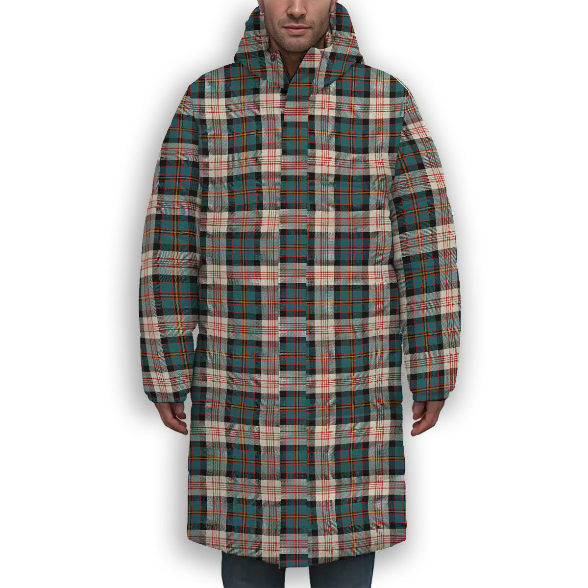 ScotsTee Shop Scottish Cameron of Erracht Dress Ancient Premium Tartan Long Down Jacket Winter White Duck Down Plaid