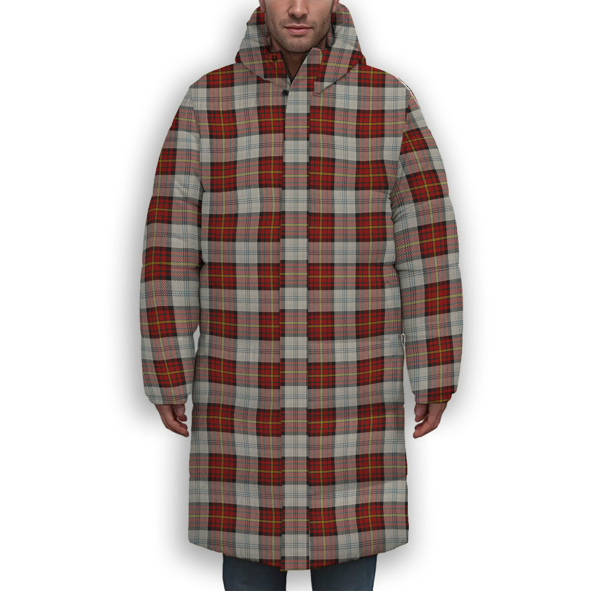 ScotsTee Shop Scottish Gillies Red Dress Premium Tartan Long Down Jacket Winter White Duck Down Plaid