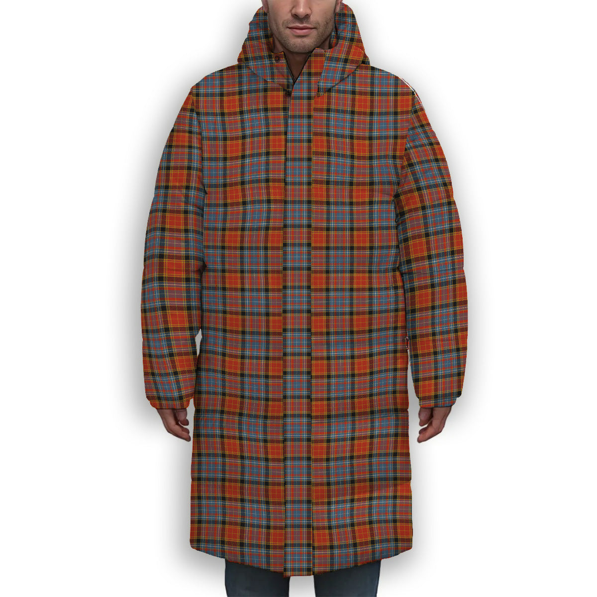 ScotsTee Shop Scottish Dalrymple of Castleton Ancient Premium Tartan Long Down Jacket Winter White Duck Down Plaid