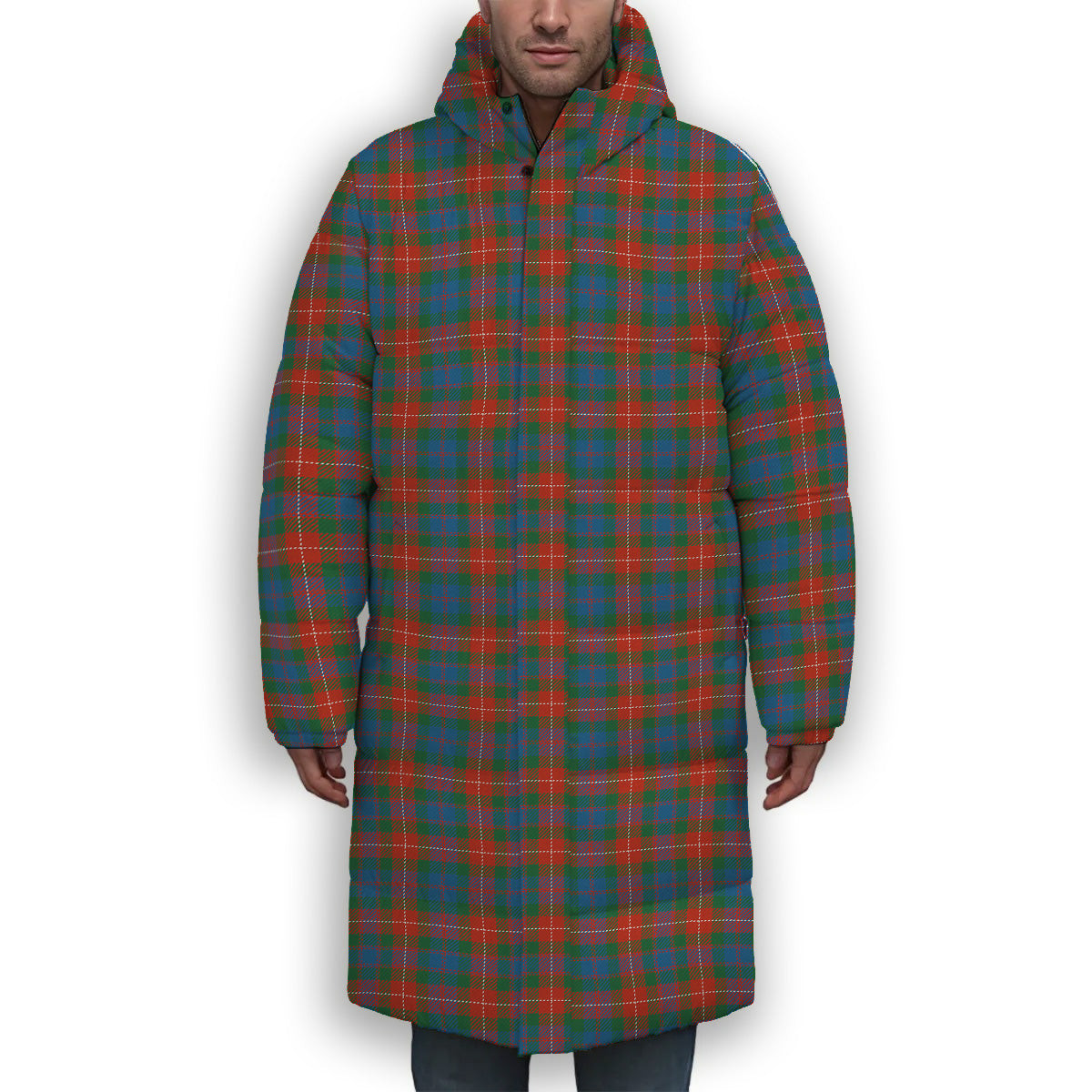 ScotsTee Shop Scottish Fraser of Lovat Ancient Premium Tartan Long Down Jacket Winter White Duck Down Plaid