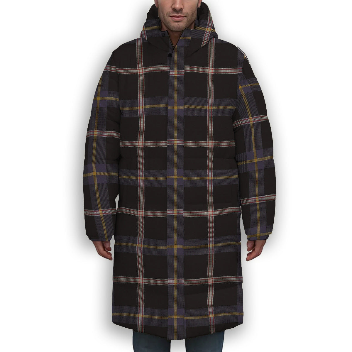ScotsTee Shop Scottish Navy Dress Blue Premium Tartan Long Down Jacket Winter White Duck Down Plaid